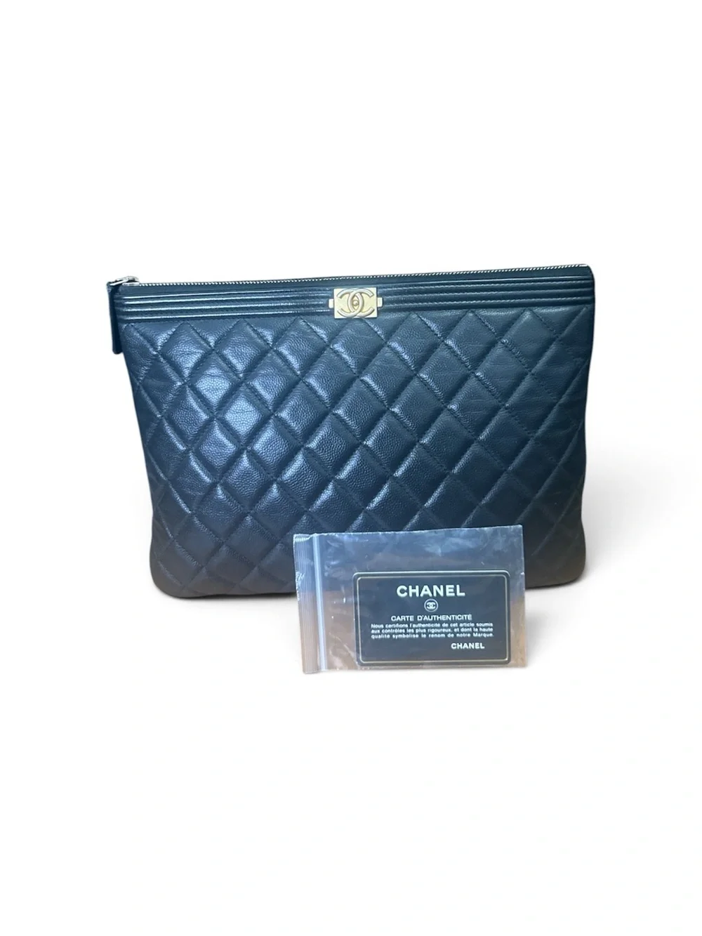 CHANEL Black Quilted Leather Boy-O Case Clutch with Gold CC Accent